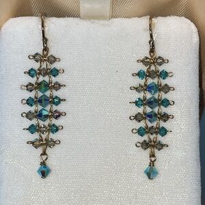 Gold turquoise aqua blue crystals drop dangle earrings